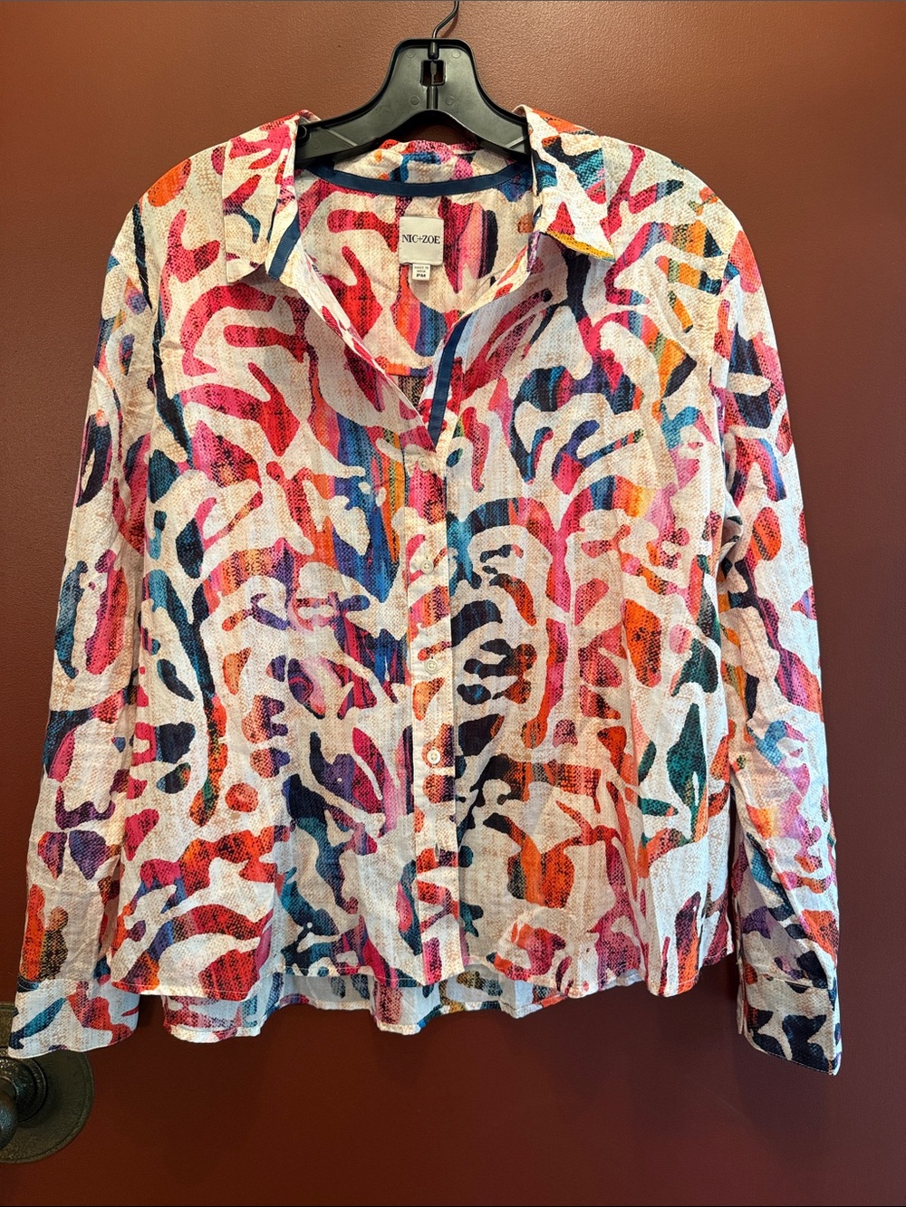 NIC+ZOE Multicolored Abstract Button-Down Shirt — Pink, Blue, Orange